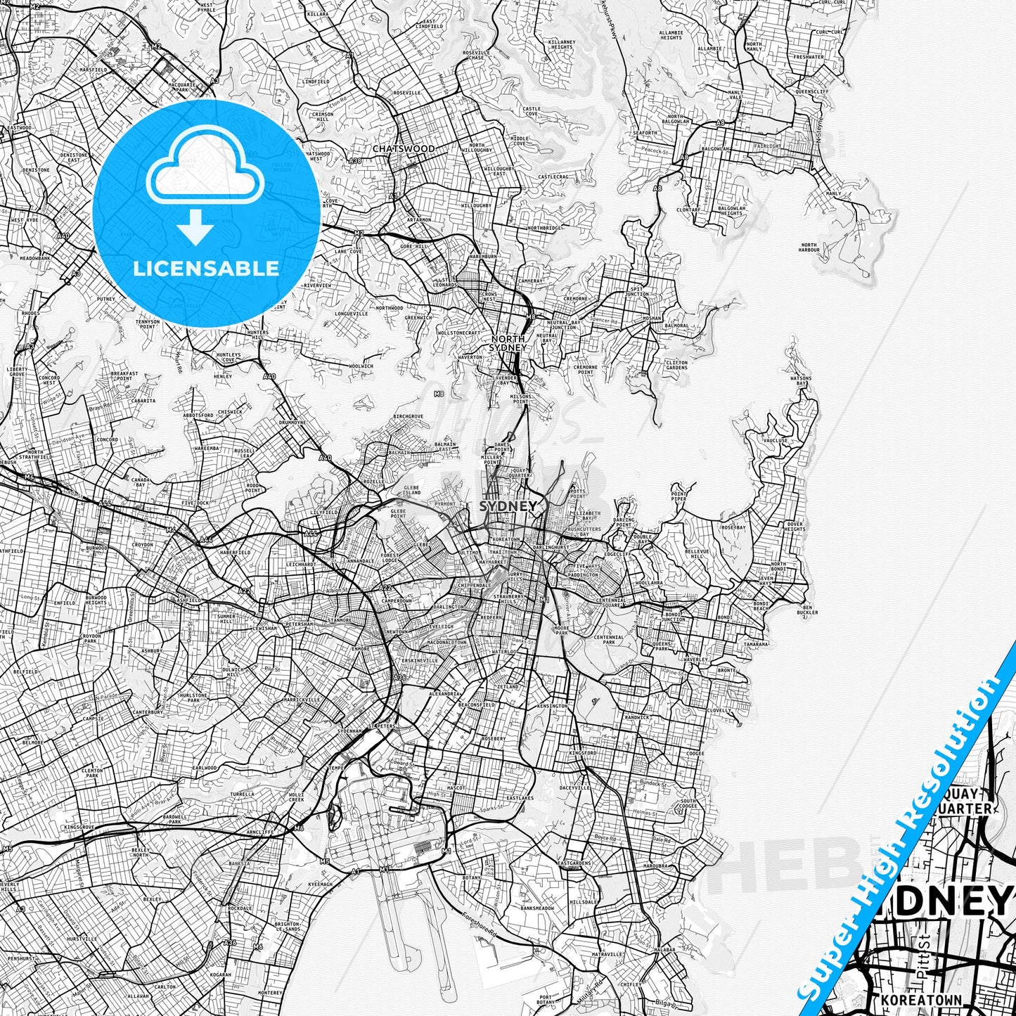 Sydney, Australia light map with streetnames, citynames and districts