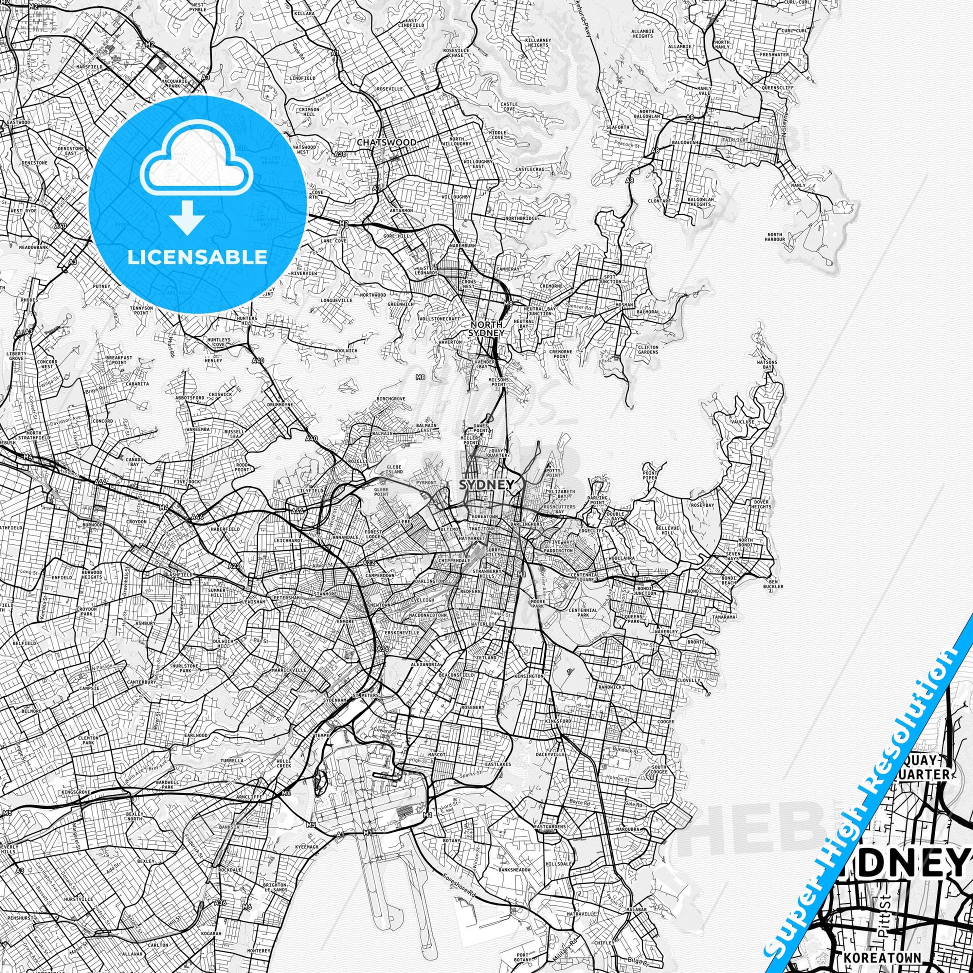 Sydney, Australia light map with streetnames, citynames and districts