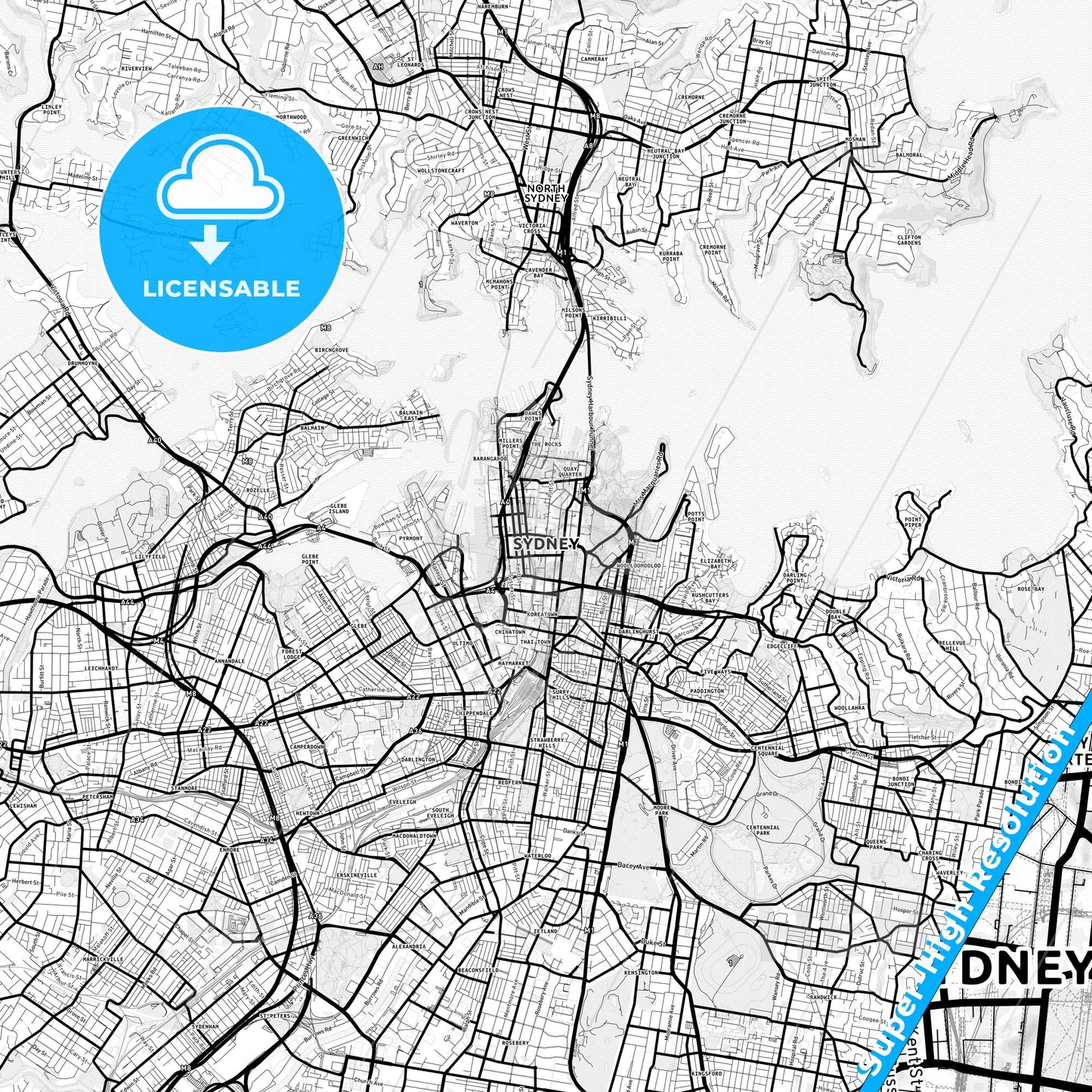 Sydney, Australia Light Map with Street Names, City Names, and Districts
