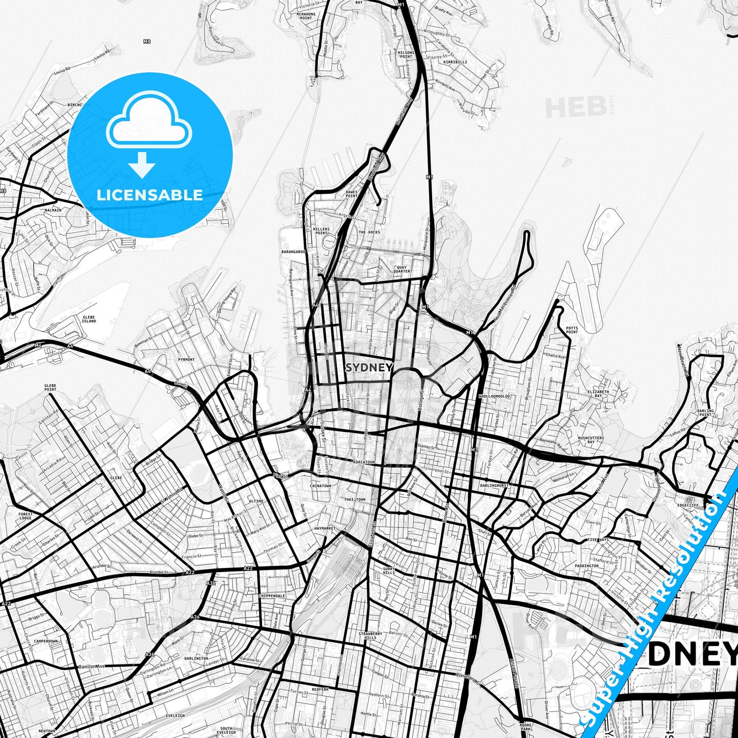Sydney, Australia Light Map with Street Names, City Names, and Districts