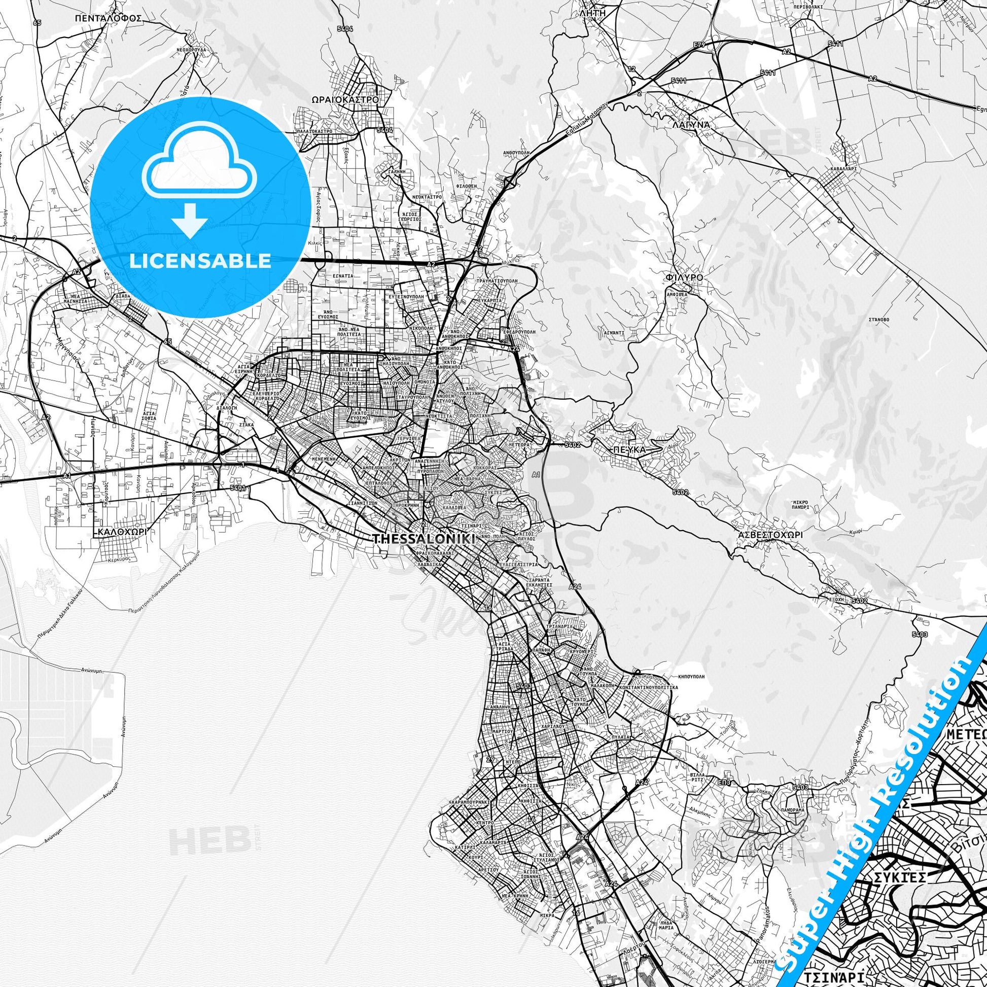 Sykies, Greece light map with streetnames, citynames and districts