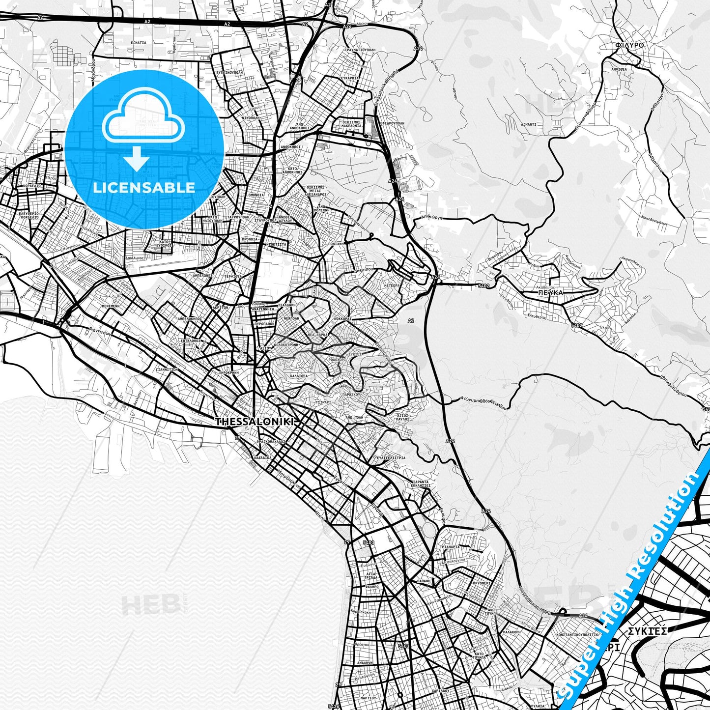 Sykies, Greece Light Map with Street Names, City Names, and Districts