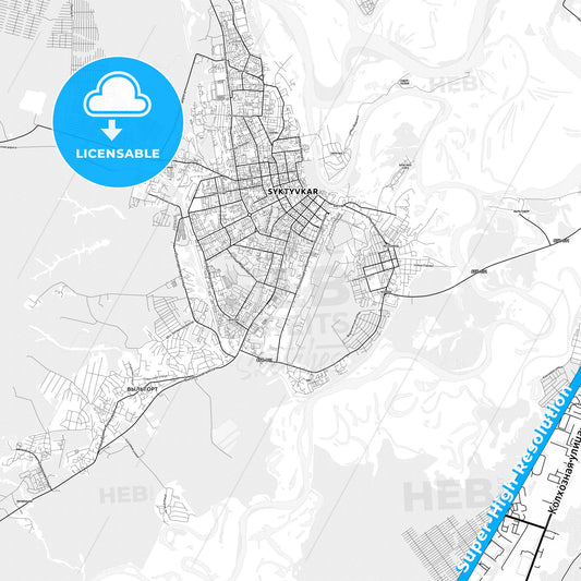 Syktyvkar, Russia light map with streetnames, citynames and districts