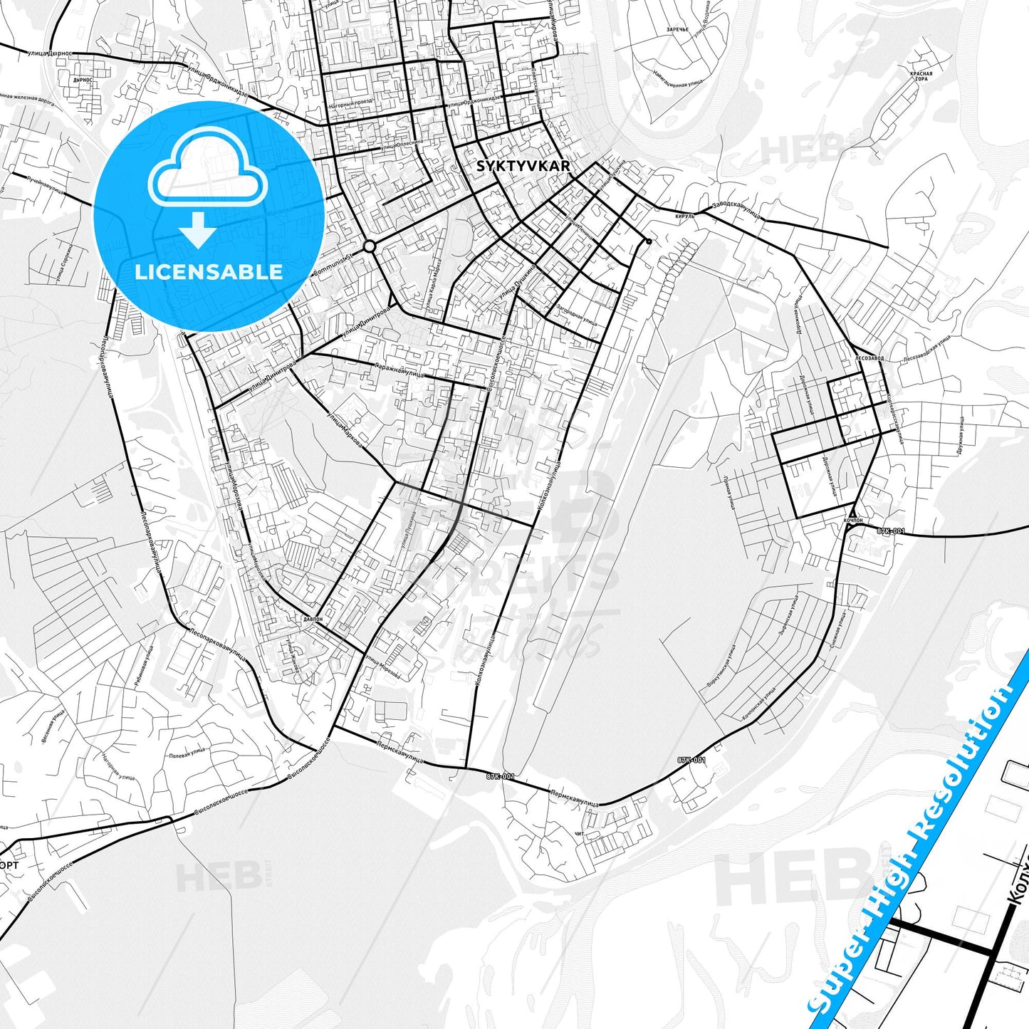 Syktyvkar, Russia Light Map with Street Names, City Names, and Districts