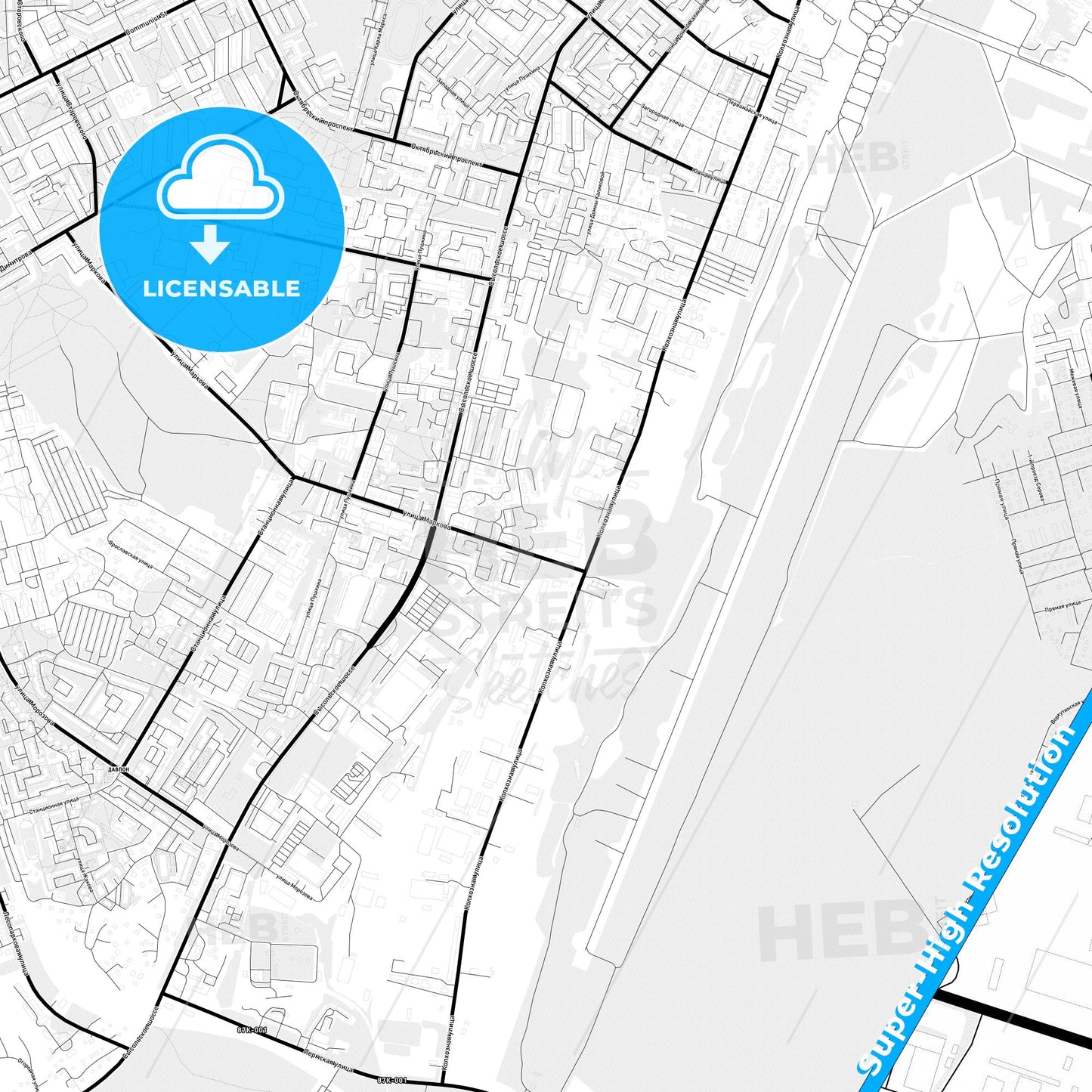 Syktyvkar, Russia Light Map with Street Names, City Names, and Districts