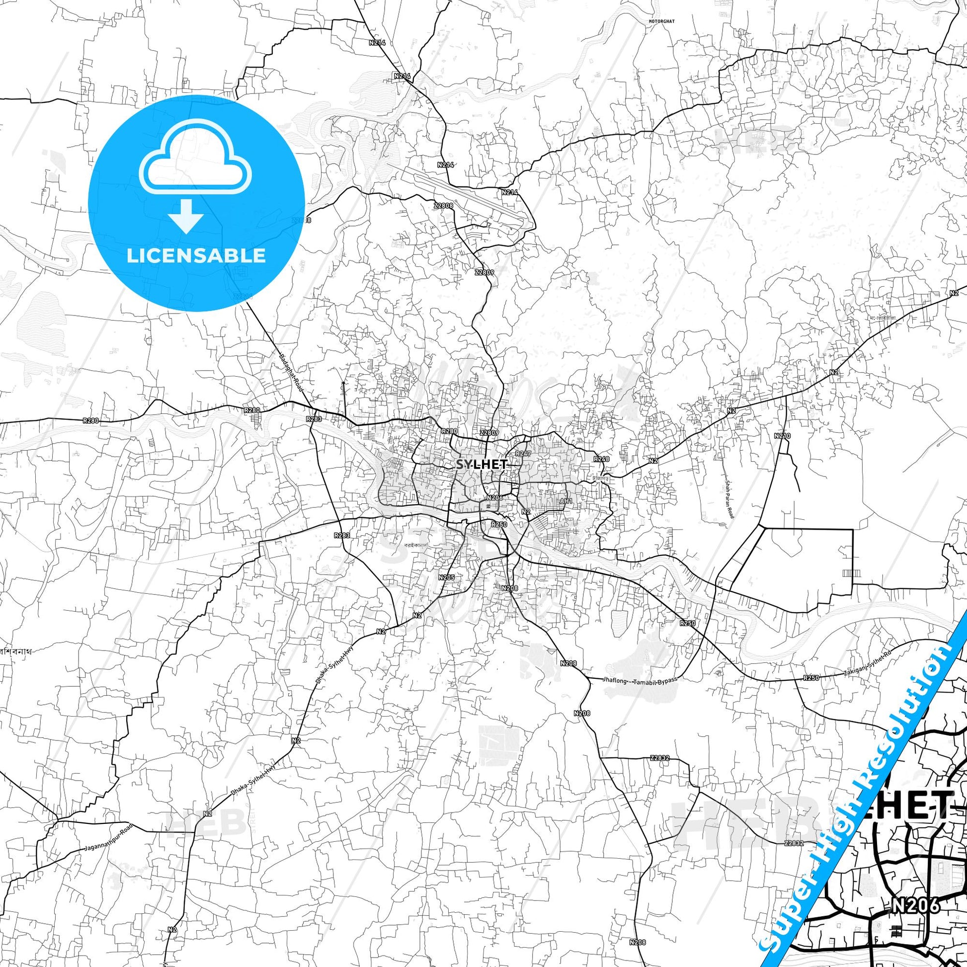 Sylhet, Bangladesh light map with streetnames, citynames and districts
