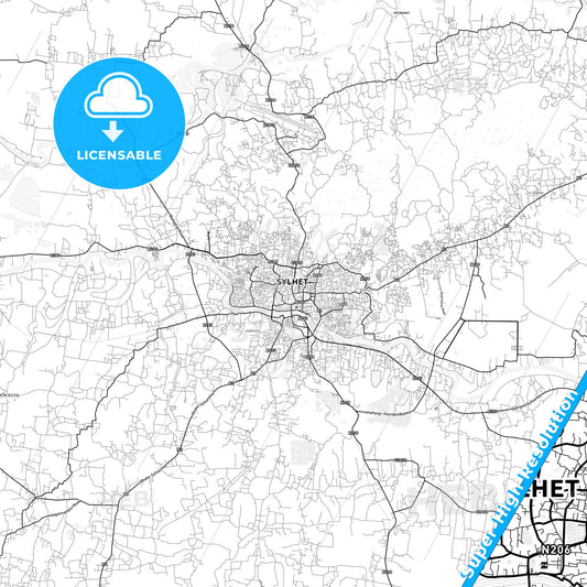 Sylhet, Bangladesh light map with streetnames, citynames and districts