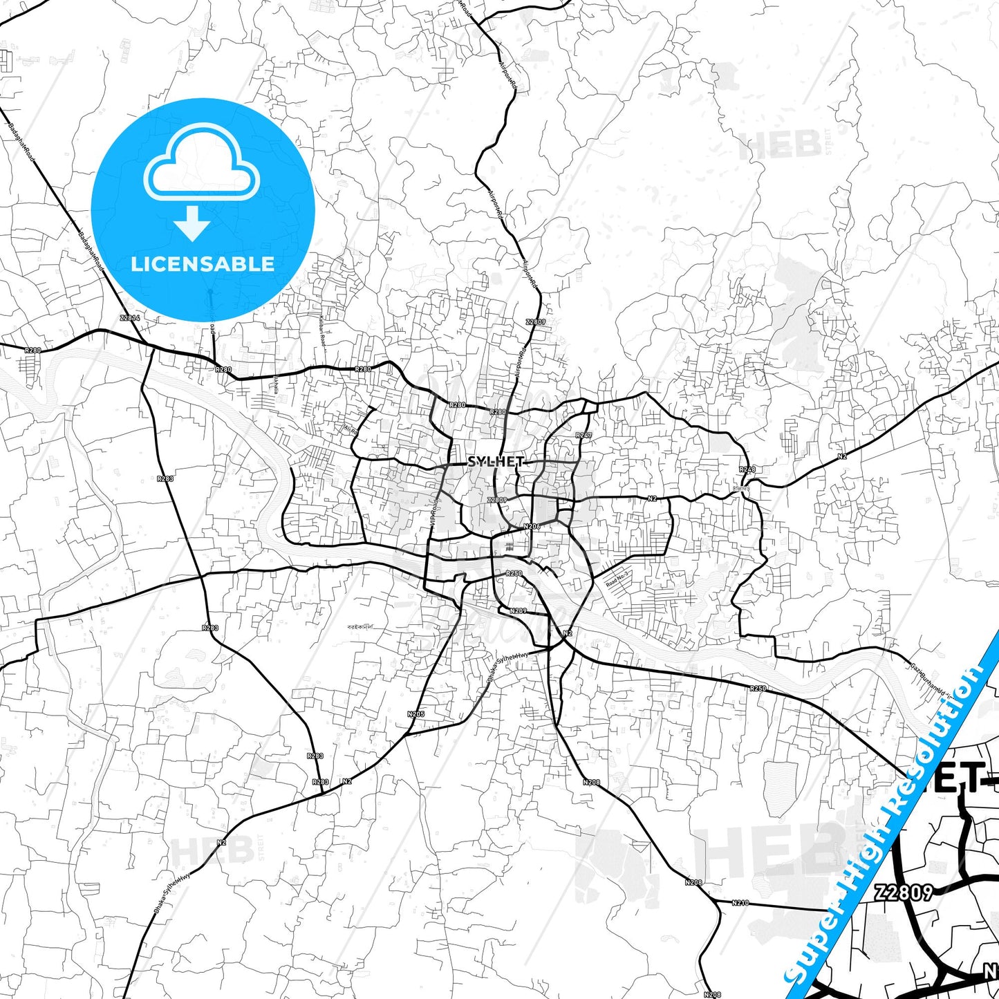 Sylhet, Bangladesh Light Map with Street Names, City Names, and Districts