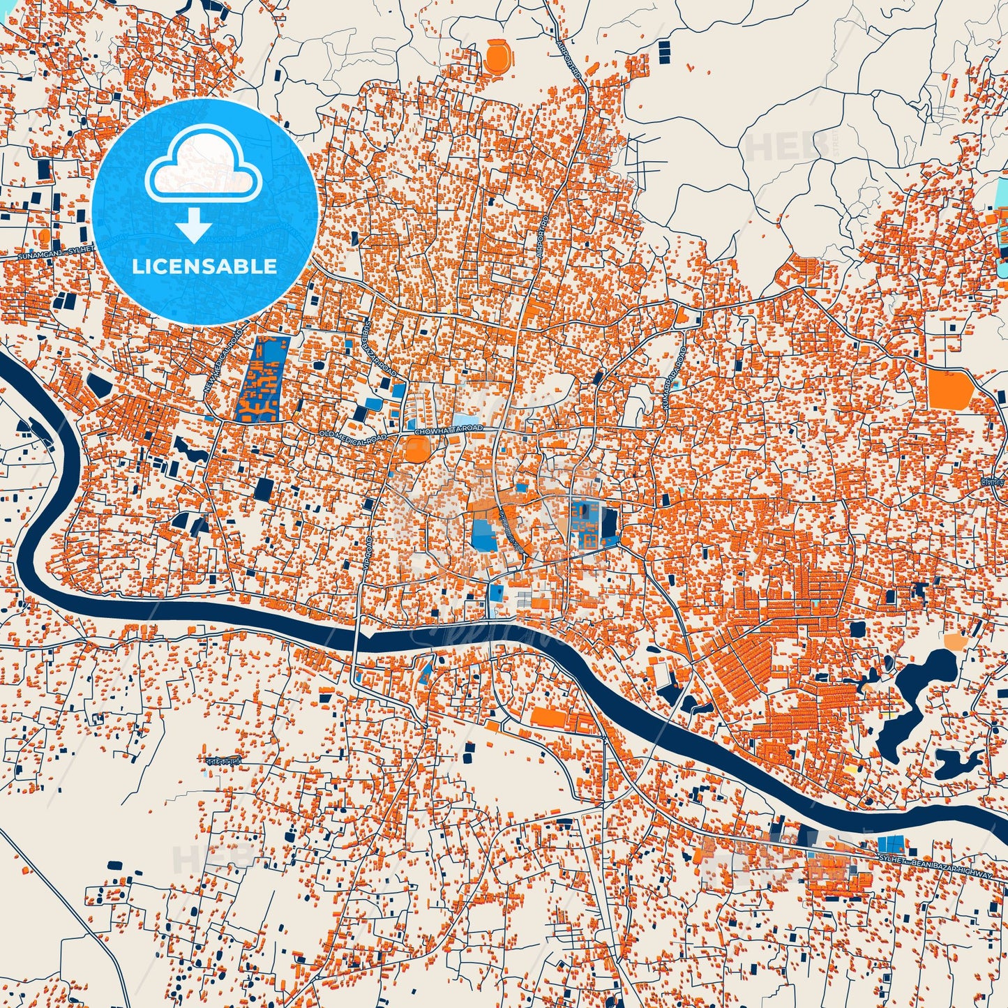 Colorful Sylhet Street Map with Labels and Buildings