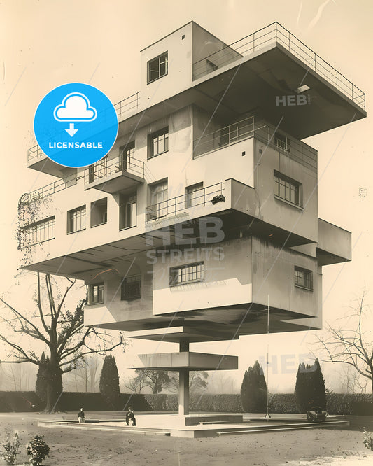 Bauhaus Style Vibrant Painting Floating Architecture Art Deco 1930s Symmetrical Design Duotone