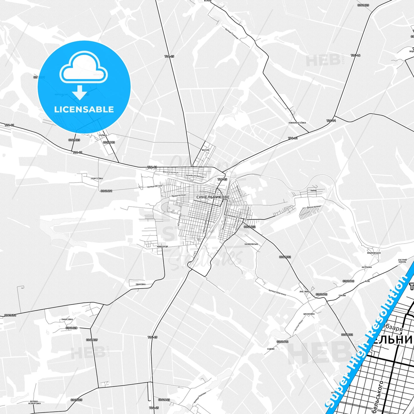 Synelnykove, Ukraine light map with streetnames, citynames and districts
