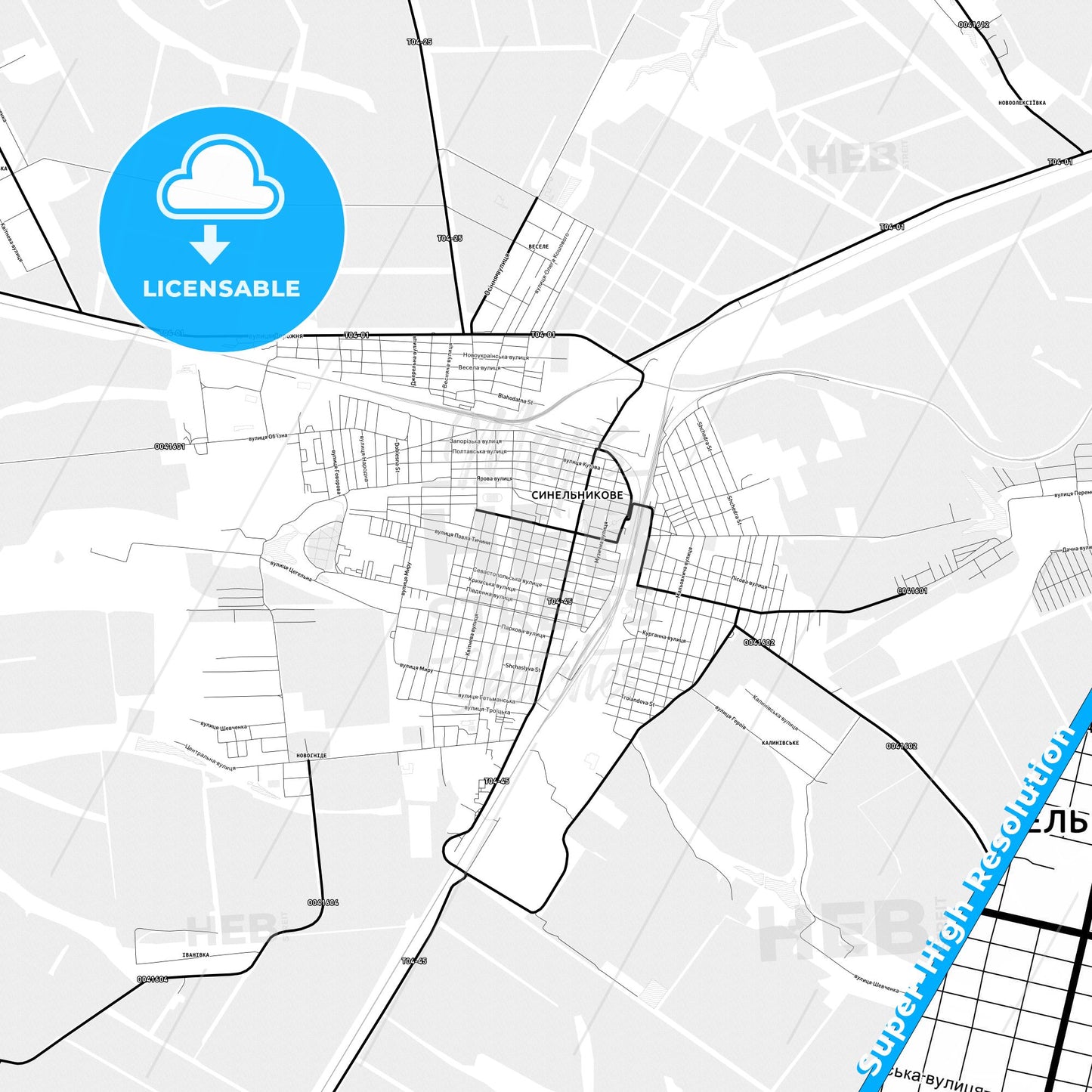 Synelnykove, Ukraine Light Map with Street Names, City Names, and Districts