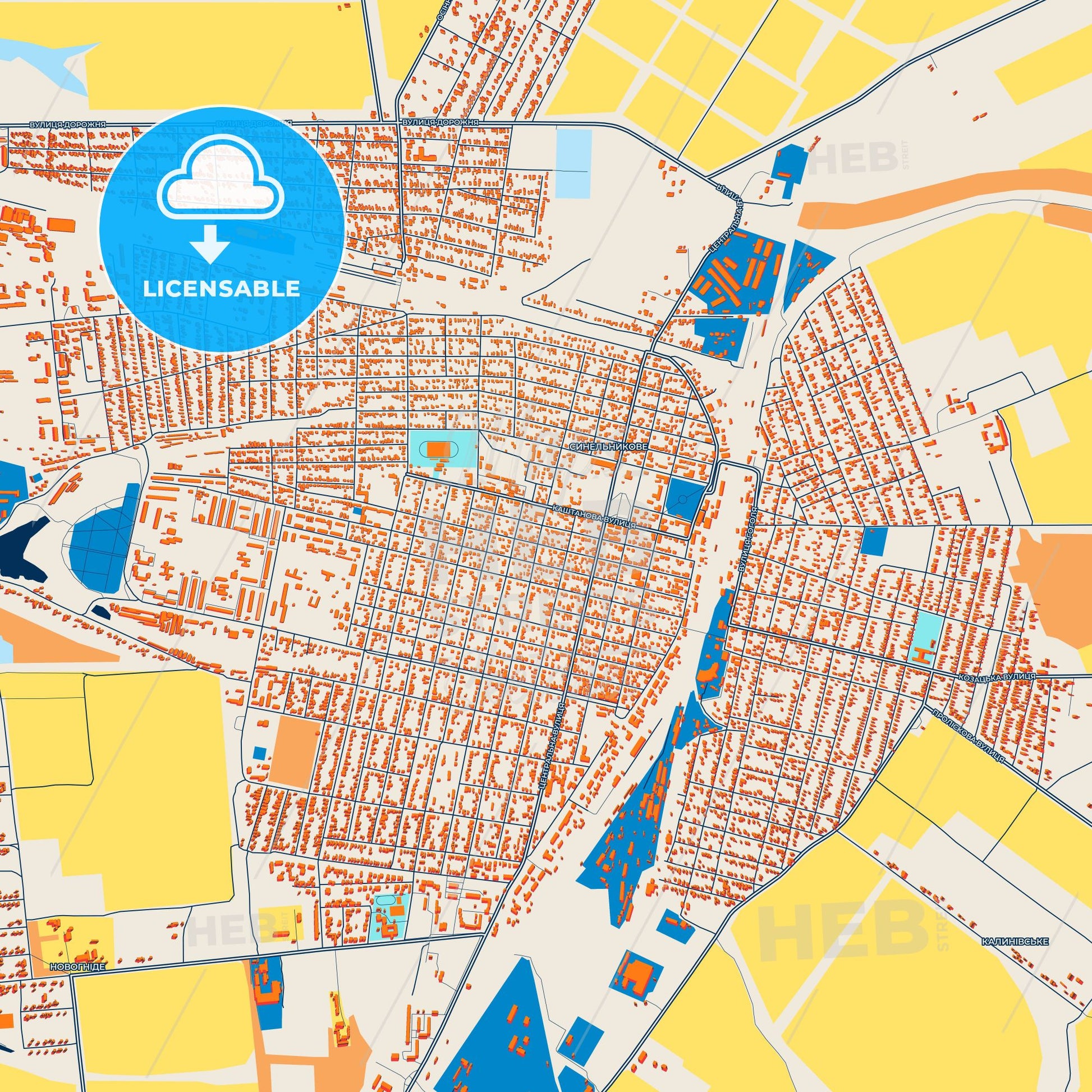 Colorful Synelnykove Street Map with Labels and Buildings