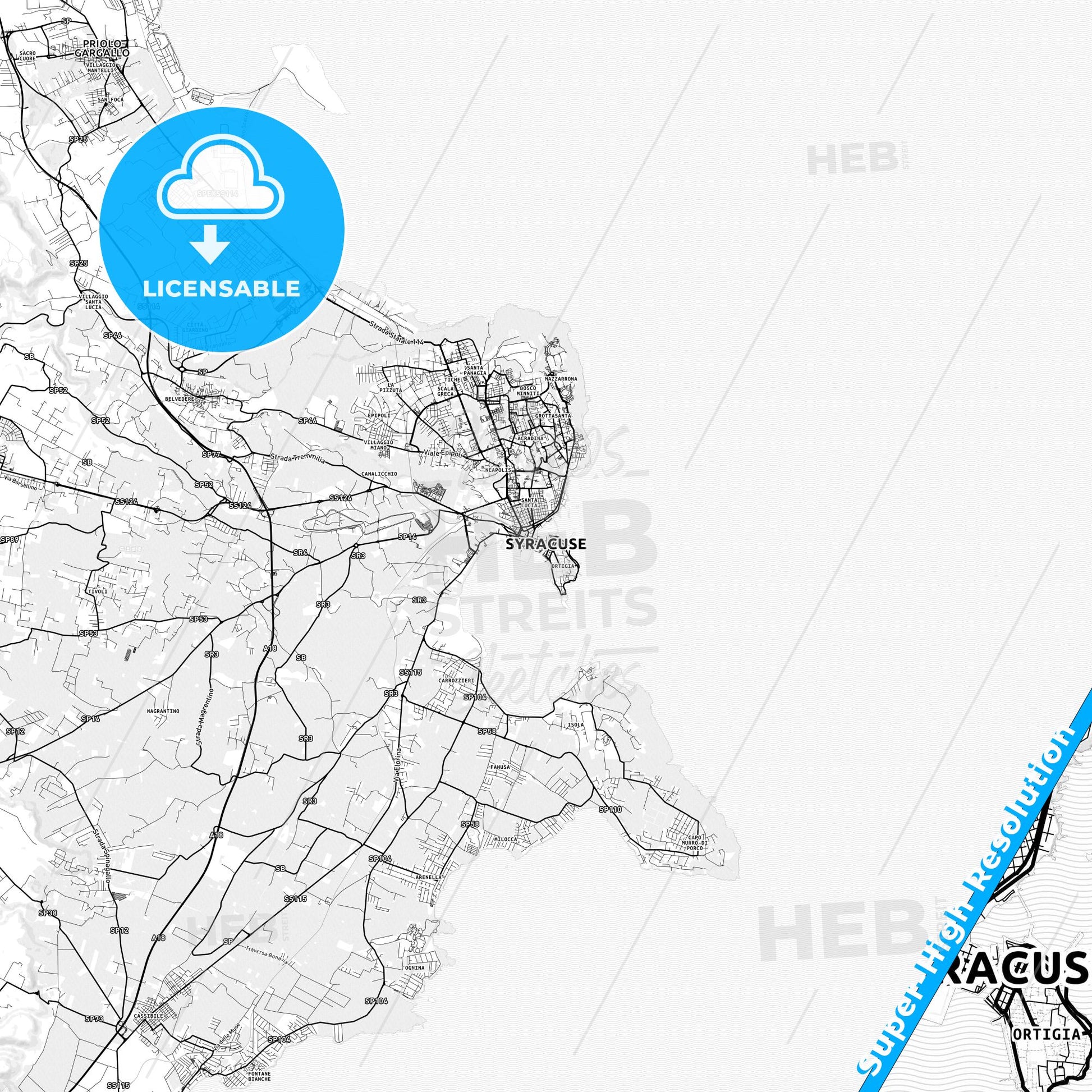 Syracuse, Italy light map with streetnames, citynames and districts