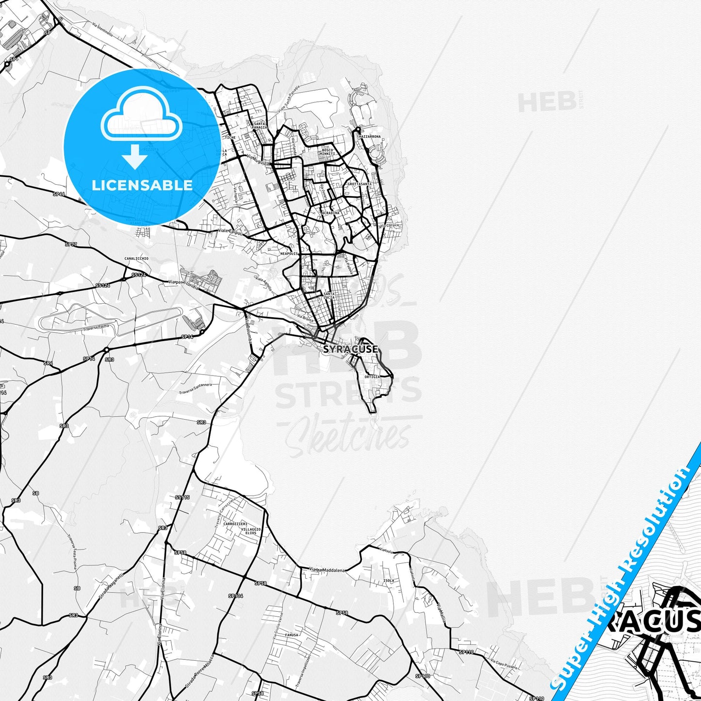 Syracuse, Italy Light Map with Street Names, City Names, and Districts