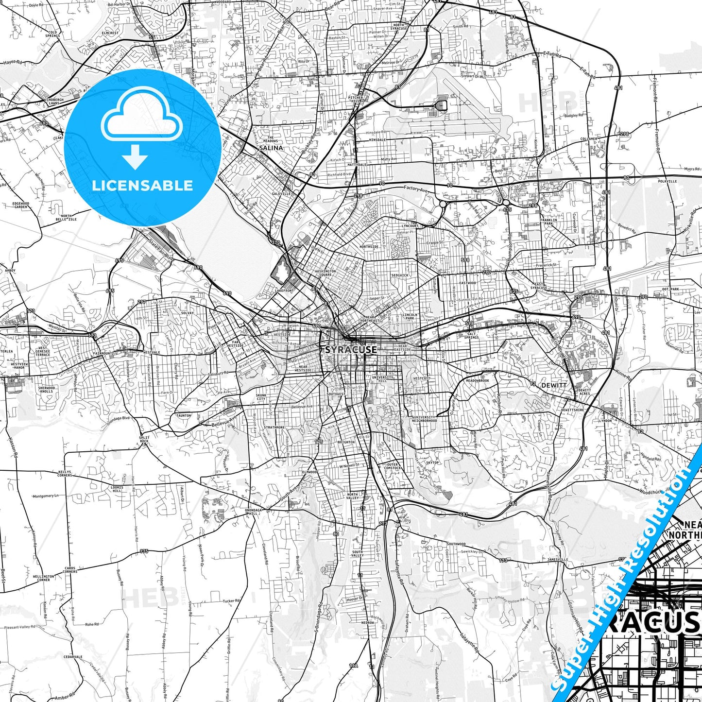 Syracuse, New York light map with streetnames, citynames and districts