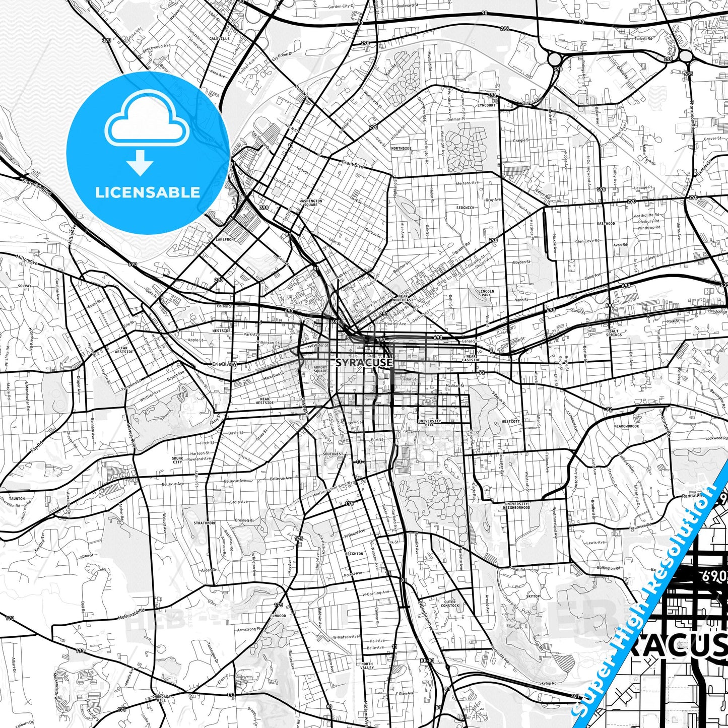 Syracuse, New York Light Map with Street Names, City Names, and Districts