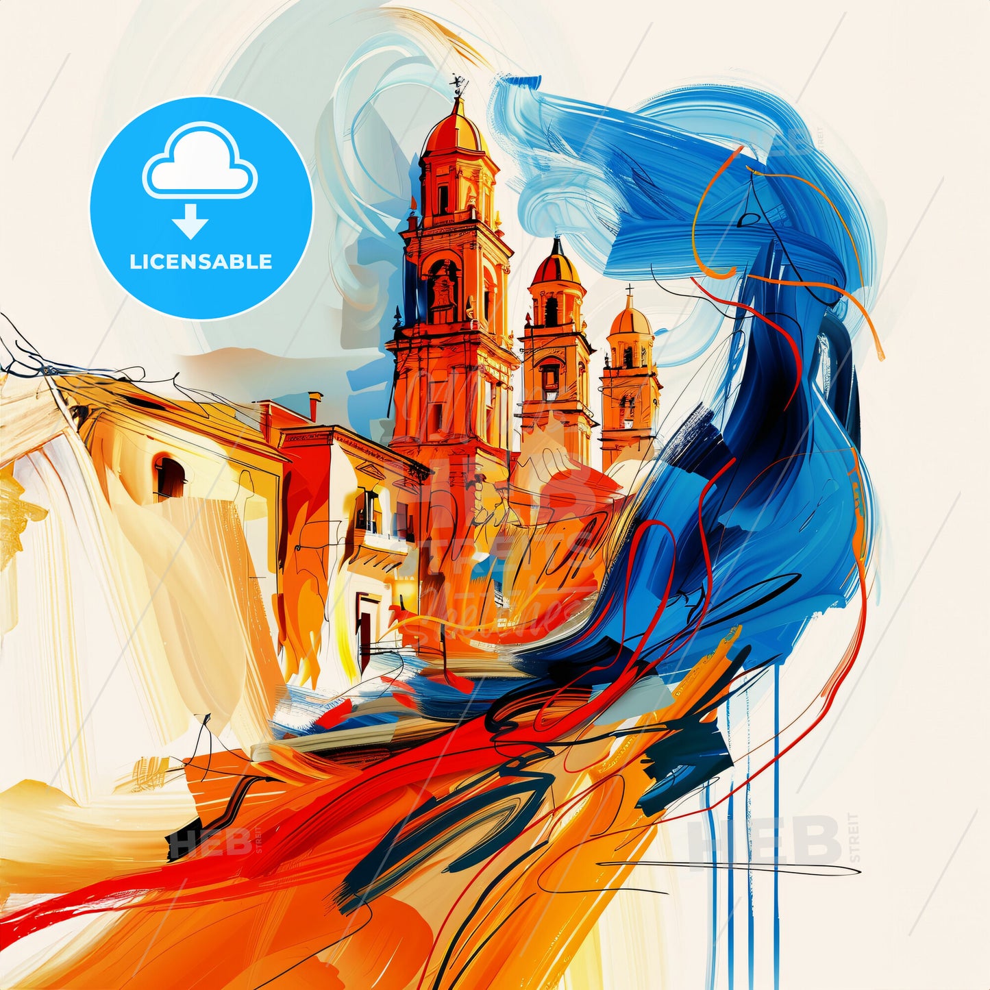 Vibrant Siracua, Italy - A Painting Of A Building With A Tower