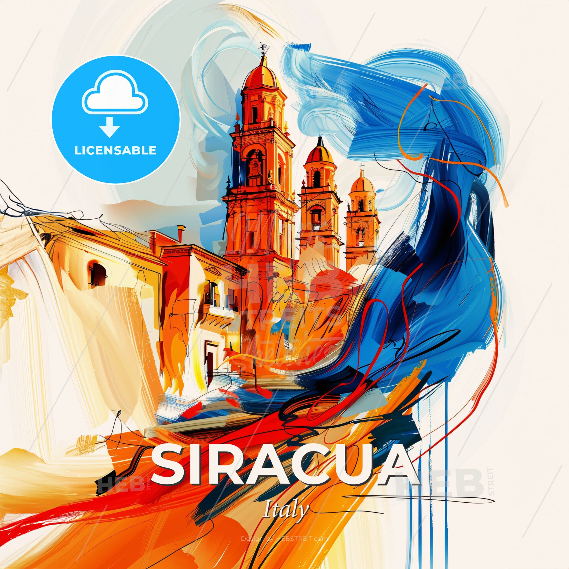 Vibrant Siracua, Italy - A Painting Of A Building With A Tower - Square format print template