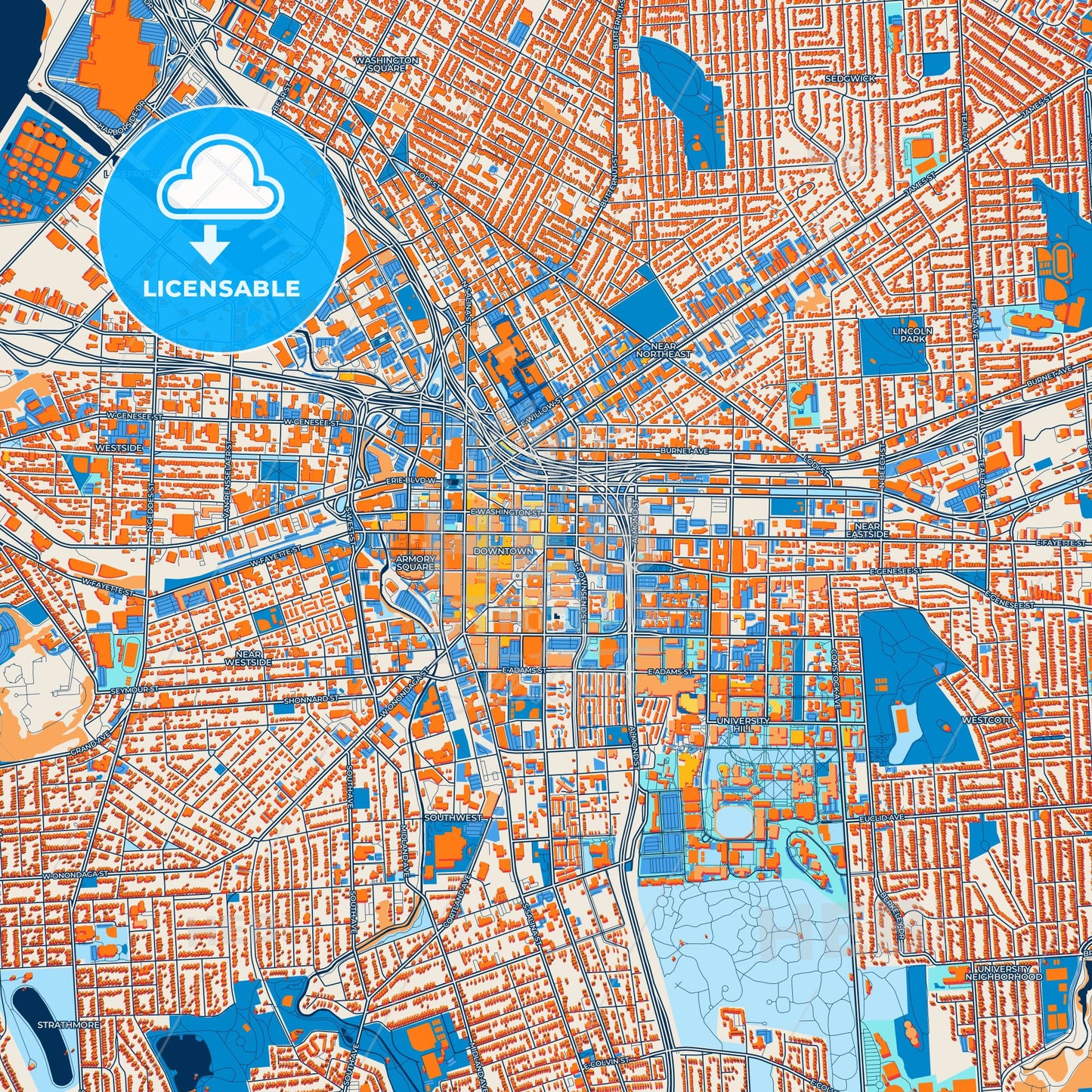 Colorful Syracuse Street Map with Labels and Buildings
