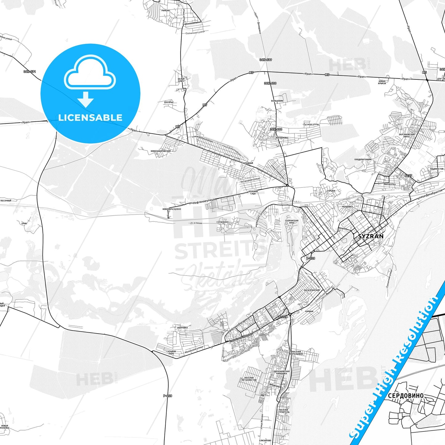 Syzran, Russia light map with streetnames, citynames and districts