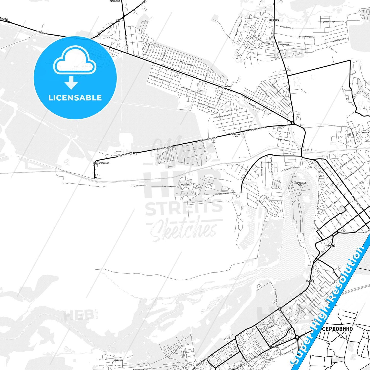 Syzran, Russia Light Map with Street Names, City Names, and Districts