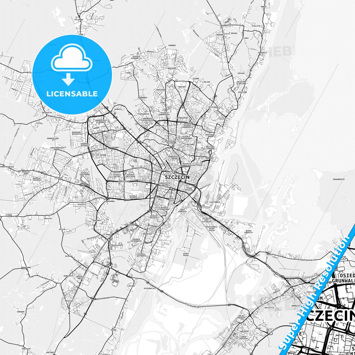 Szczecin, Poland light map with streetnames, citynames and districts