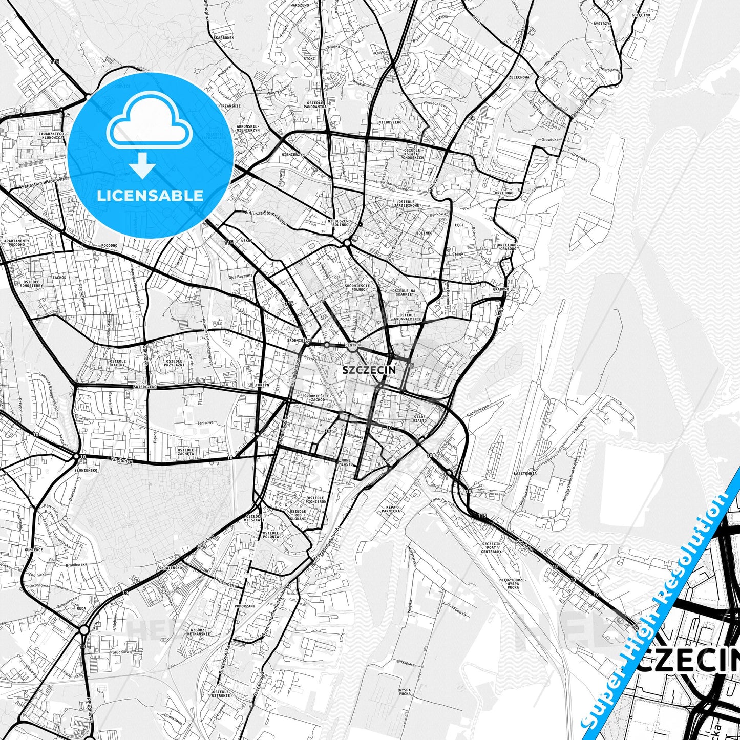 Szczecin, Poland Light Map with Street Names, City Names, and Districts