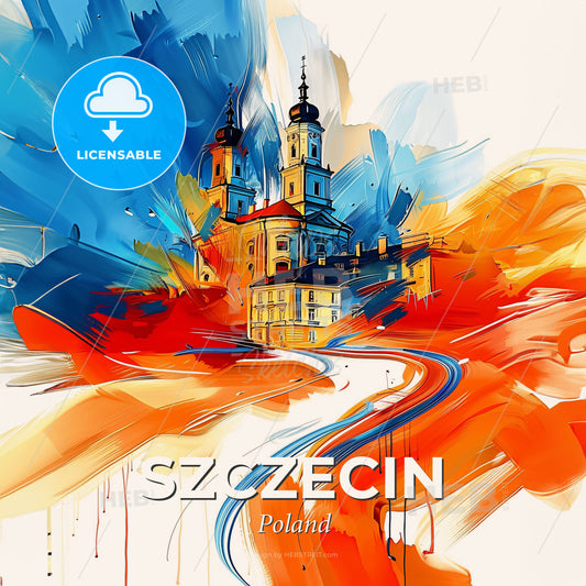 Vibrant Szczecin, Poland - A Painting Of A Building With A Road And Colorful Paint - Square format print template