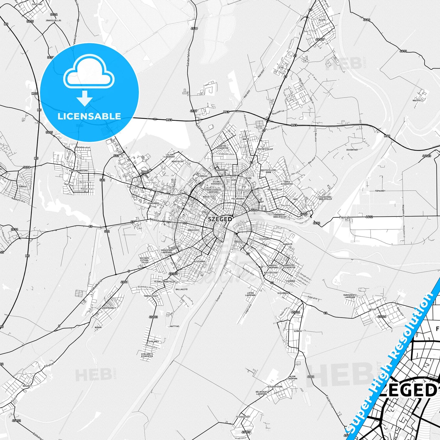 Szeged, Hungary light map with streetnames, citynames and districts