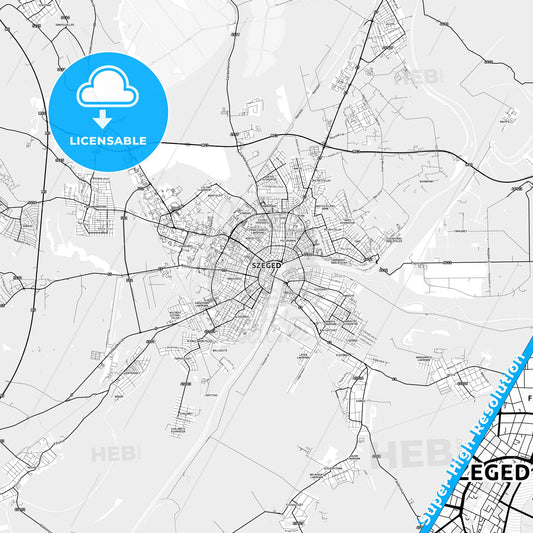 Szeged, Hungary light map with streetnames, citynames and districts
