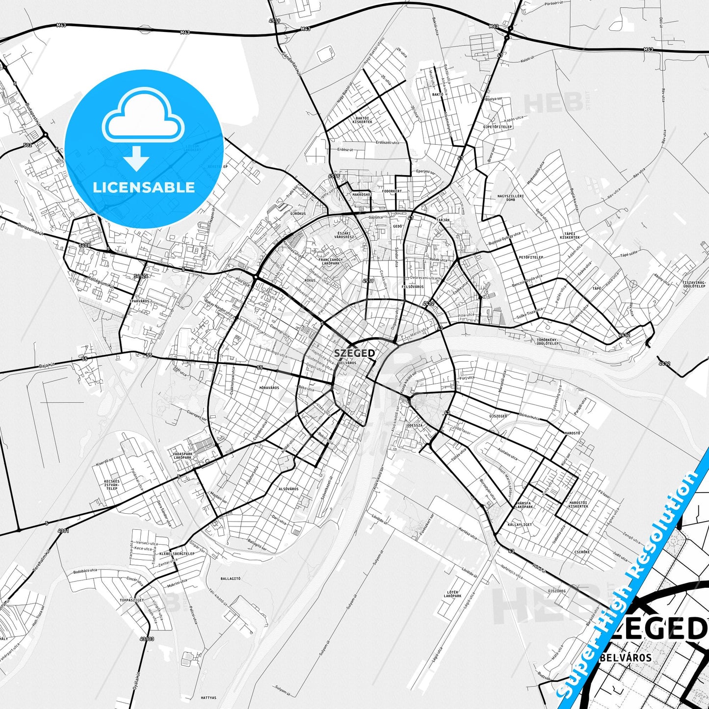 Szeged, Hungary Light Map with Street Names, City Names, and Districts
