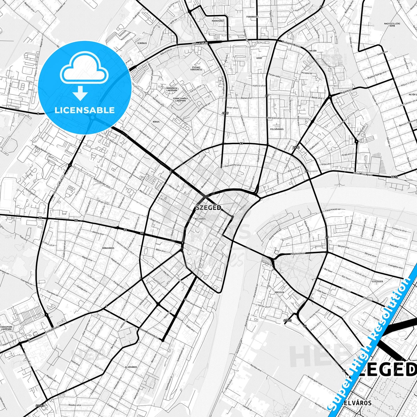 Szeged, Hungary Light Map with Street Names, City Names, and Districts