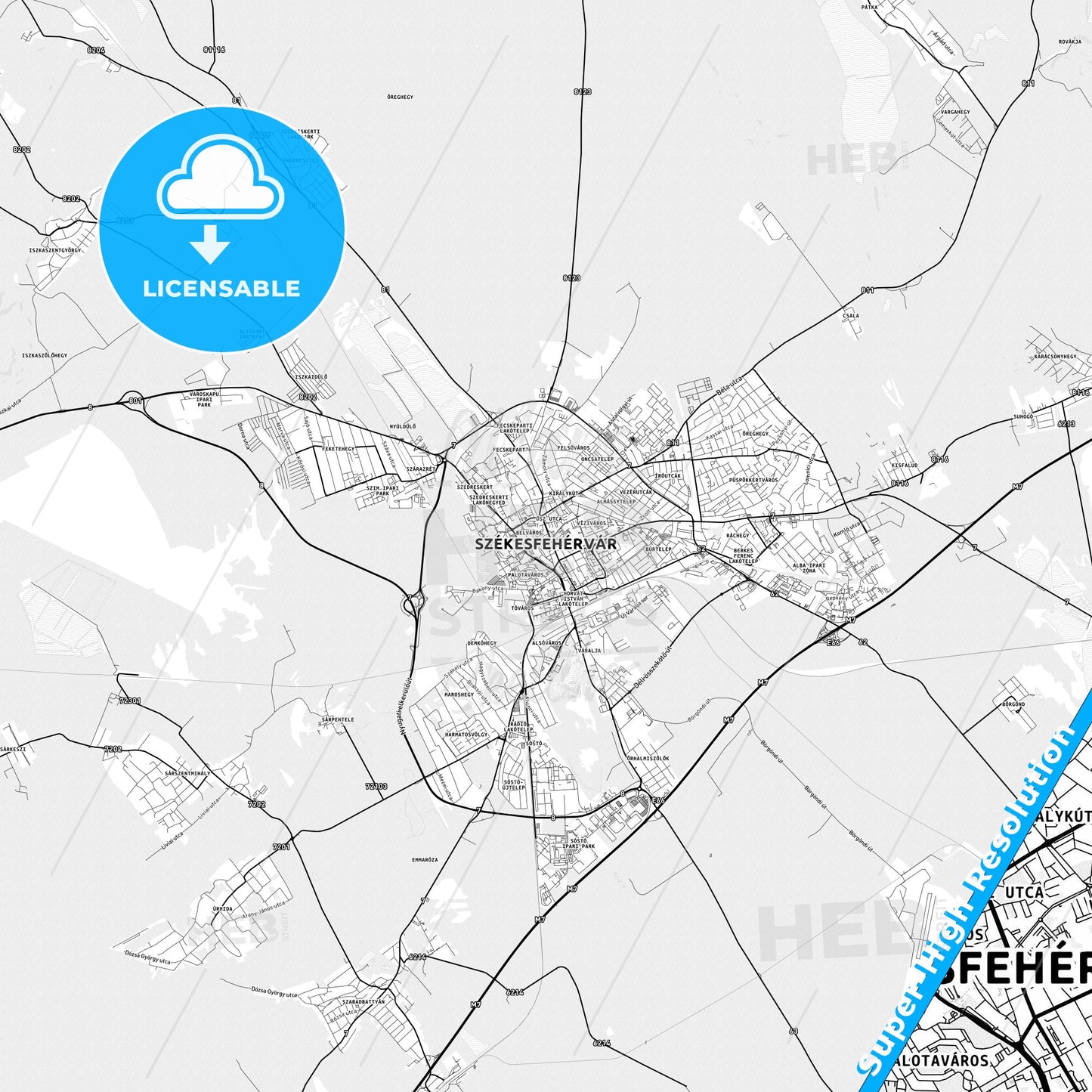 Székesfehérvár, Hungary light map with streetnames, citynames and districts
