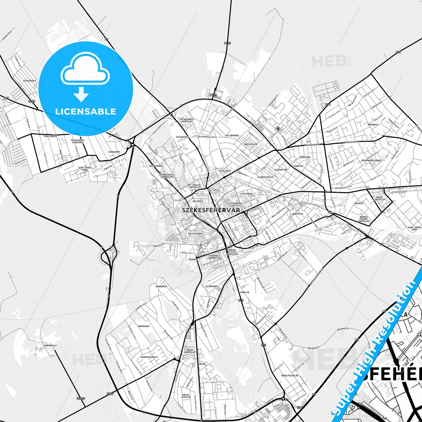 Székesfehérvár, Hungary Light Map with Street Names, City Names, and Districts