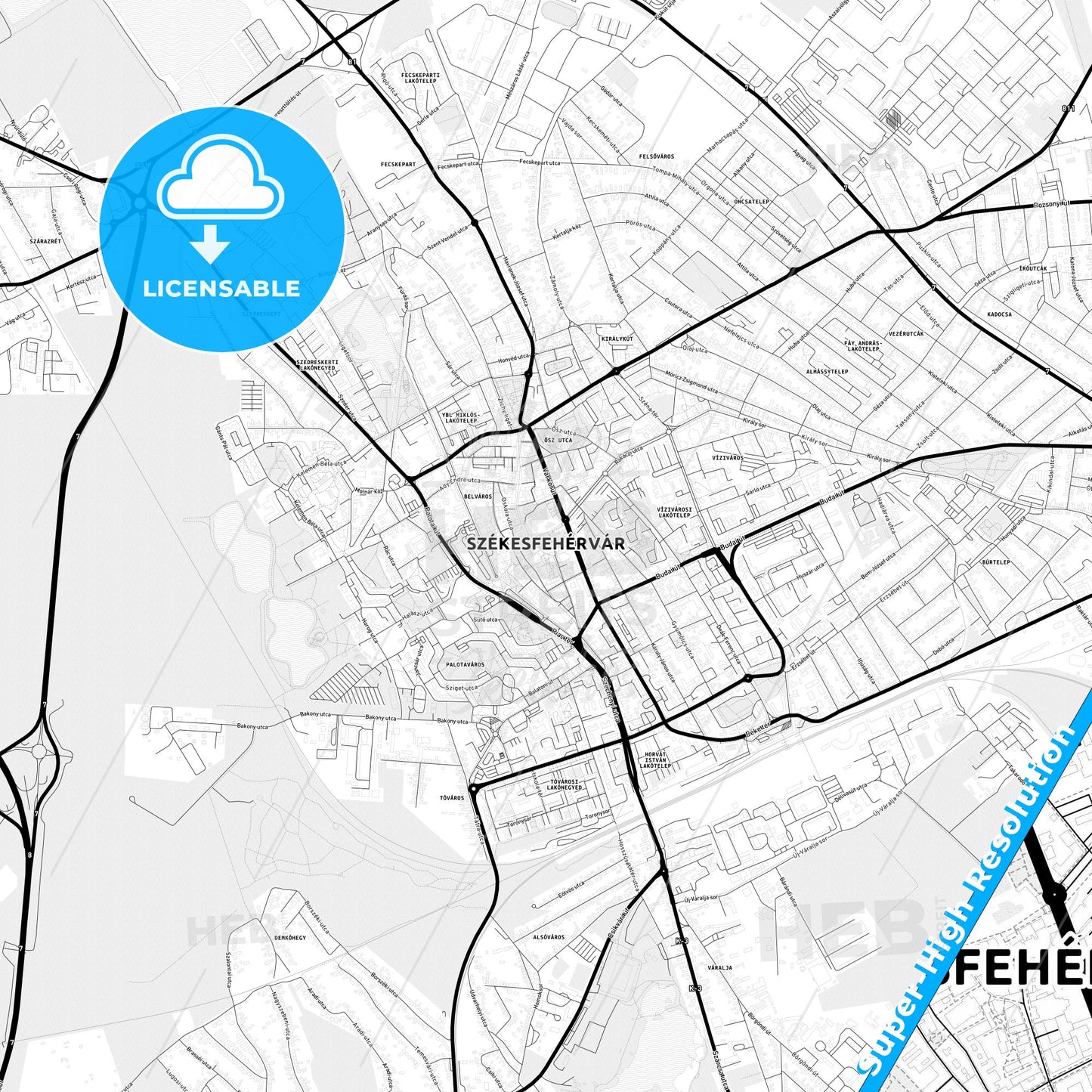 Székesfehérvár, Hungary Light Map with Street Names, City Names, and Districts