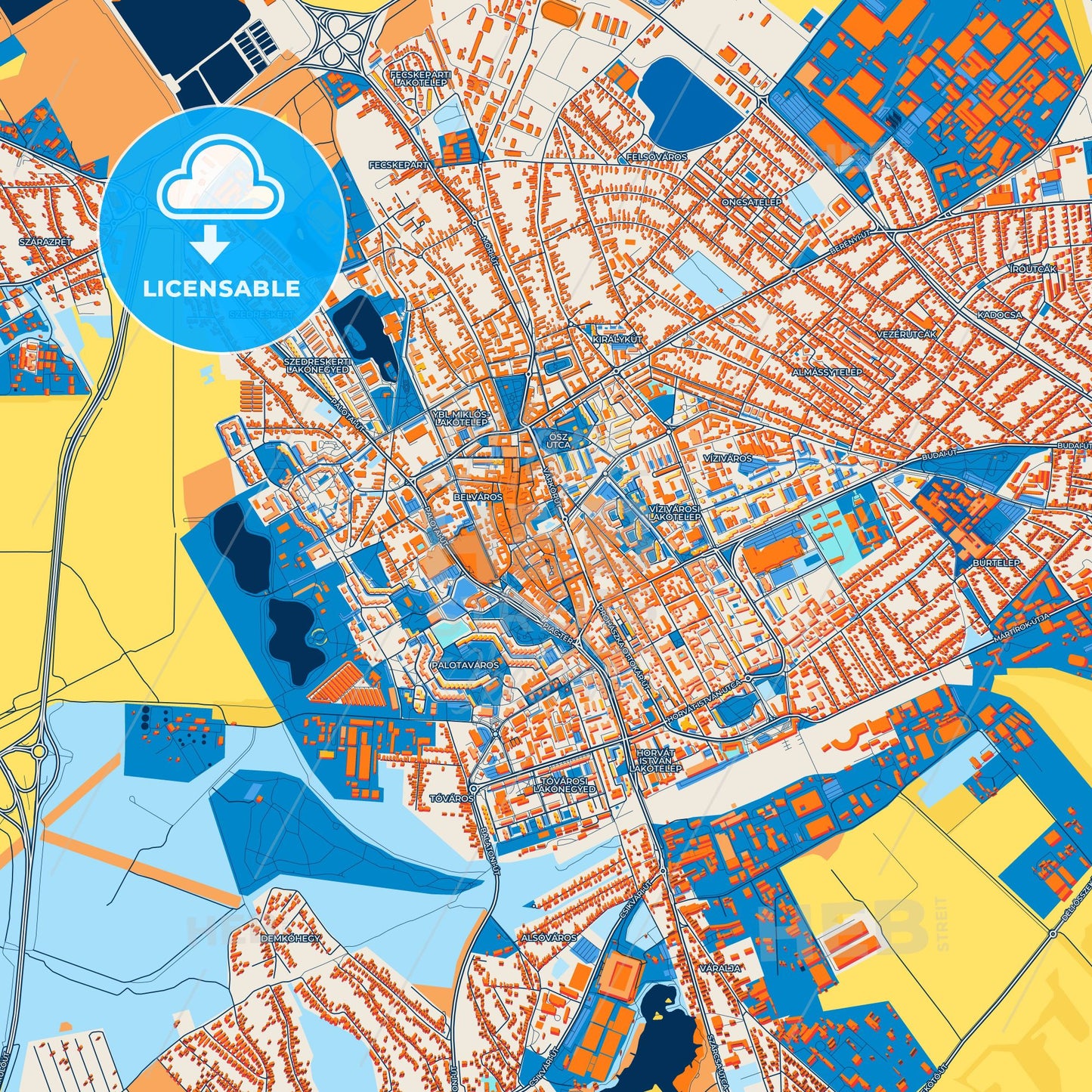 Colorful Székesfehérvár Street Map with Labels and Buildings