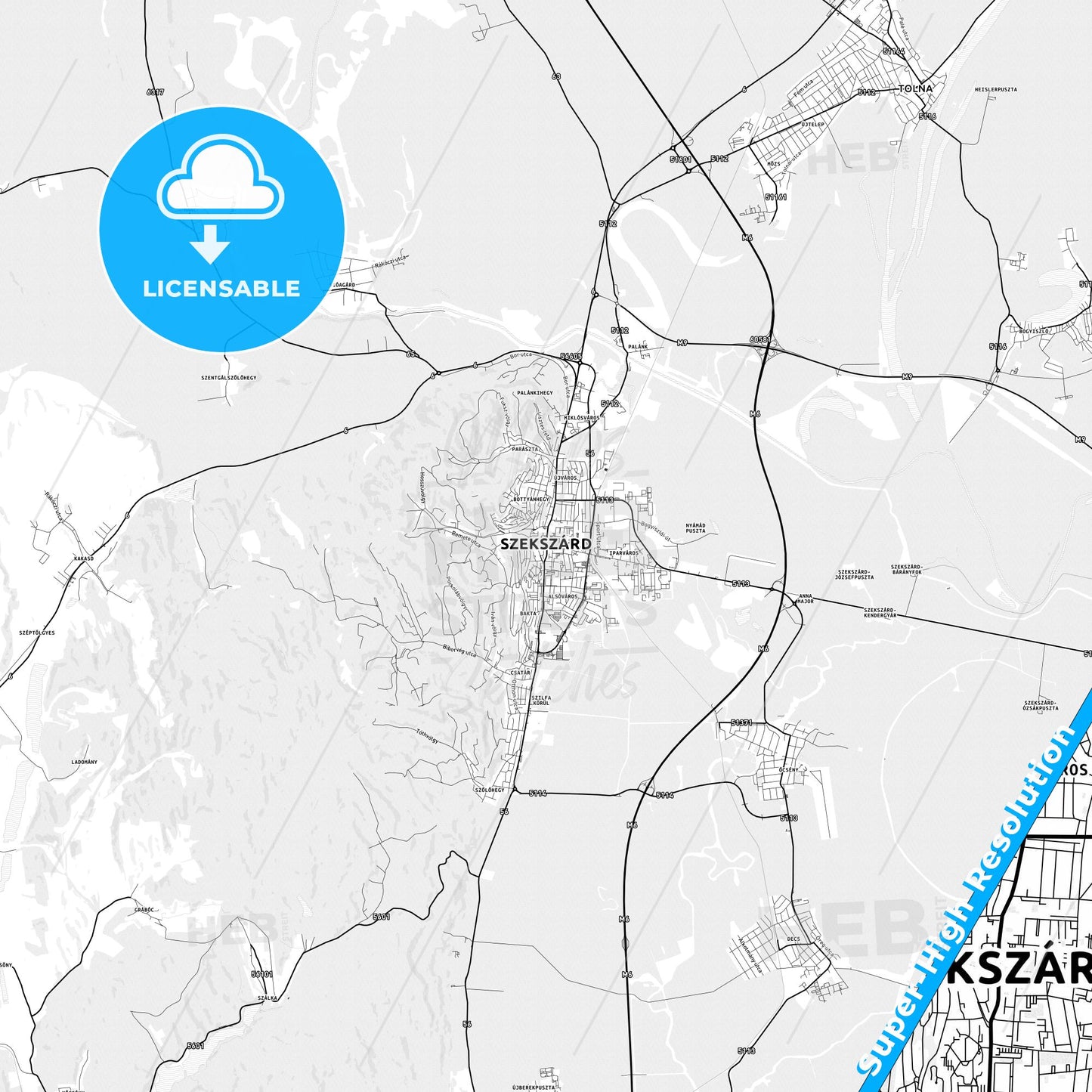 Szekszárd, Hungary light map with streetnames, citynames and districts