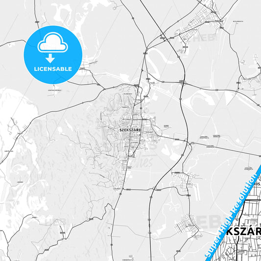 Szekszárd, Hungary light map with streetnames, citynames and districts