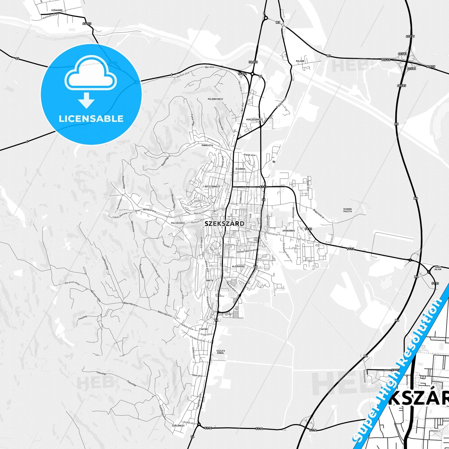 Szekszárd, Hungary Light Map with Street Names, City Names, and Districts