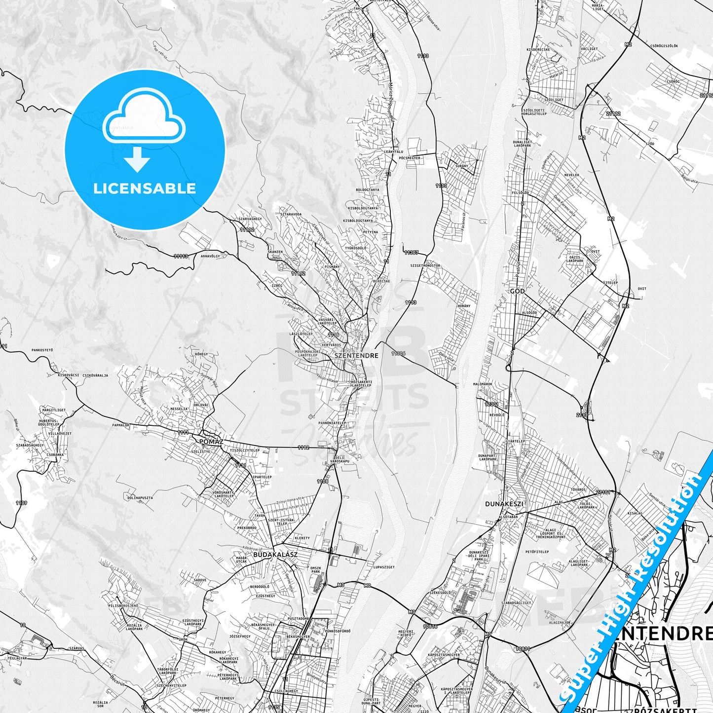 Szentendre, Hungary light map with streetnames, citynames and districts