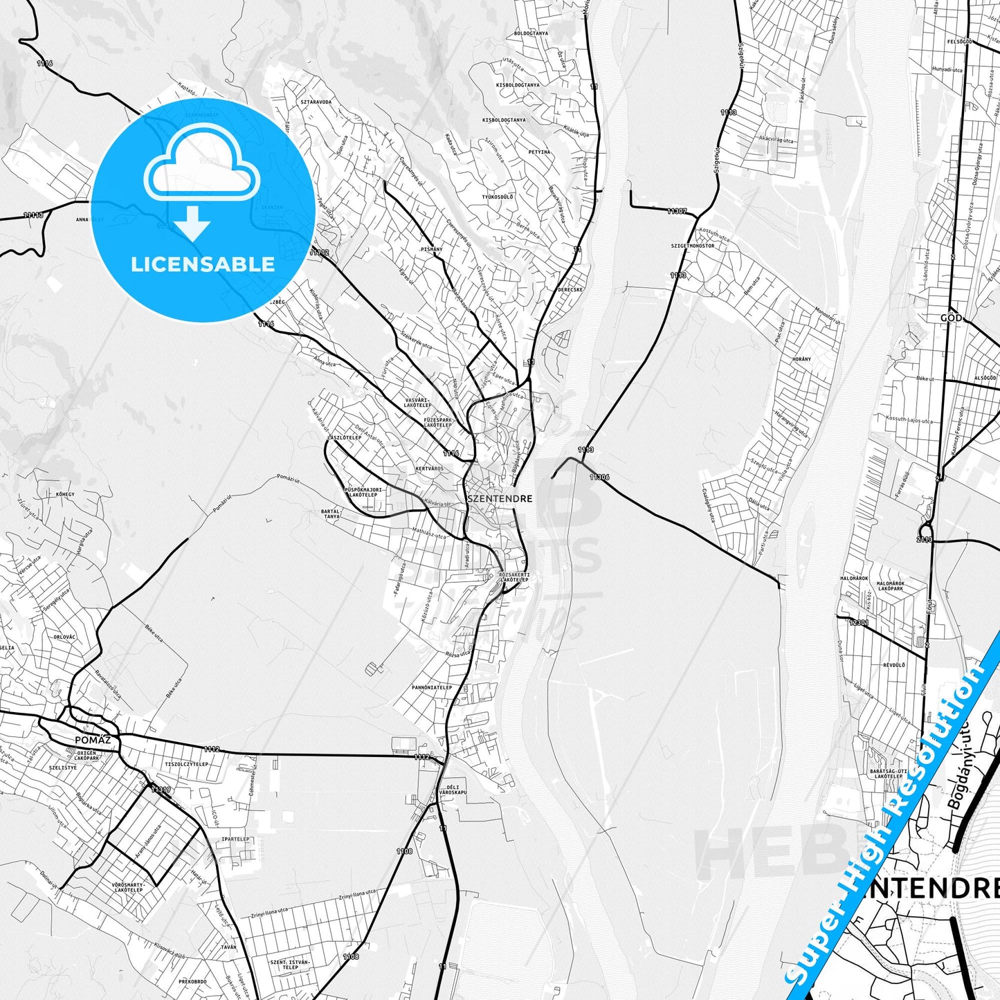 Szentendre, Hungary Light Map with Street Names, City Names, and Districts