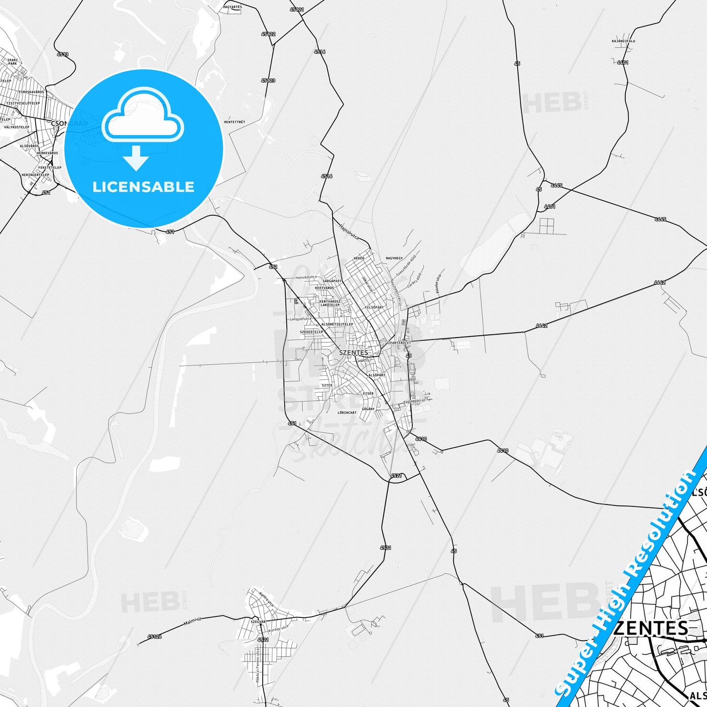 Szentes, Hungary light map with streetnames, citynames and districts