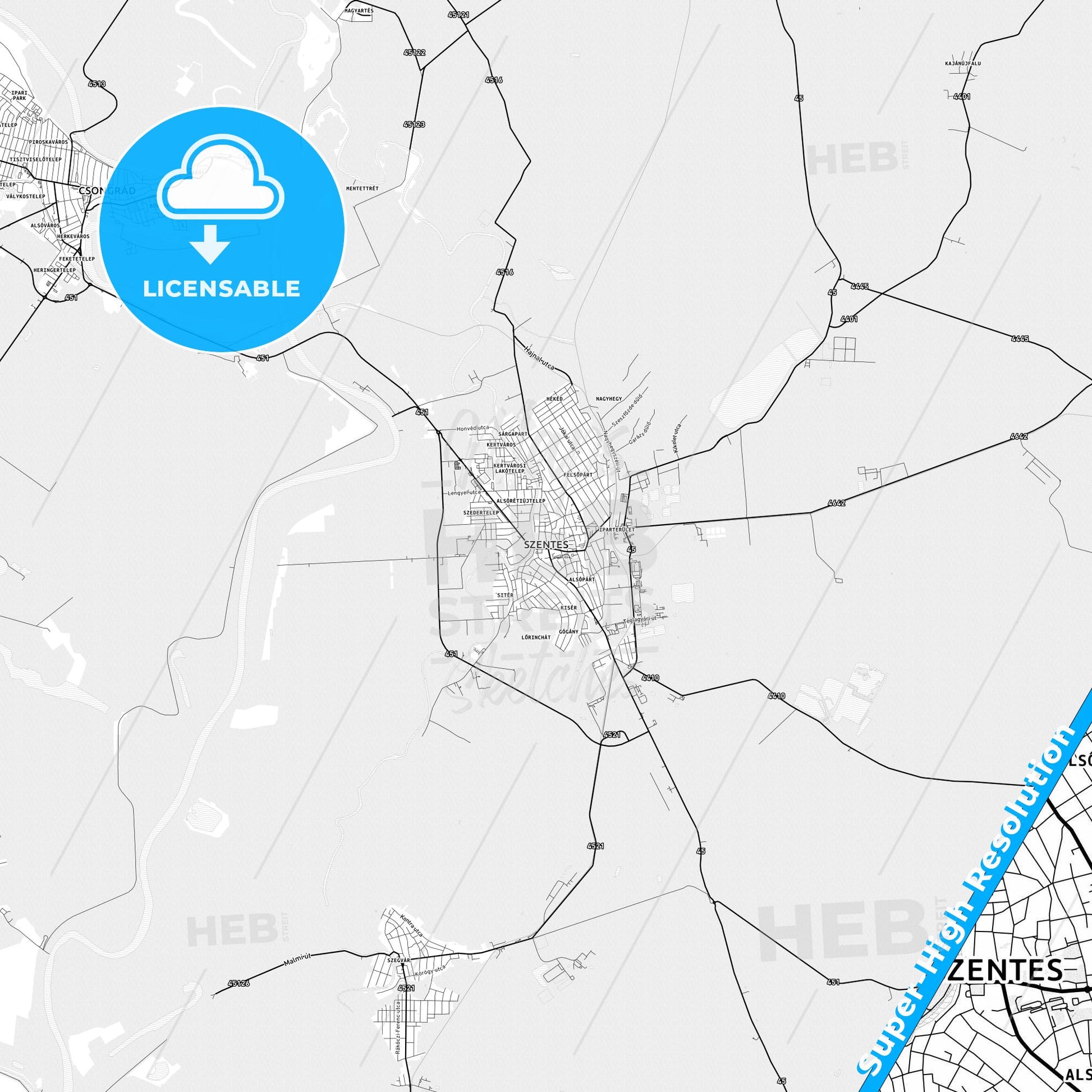 Szentes, Hungary light map with streetnames, citynames and districts