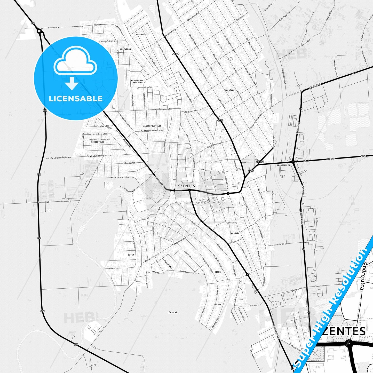 Szentes, Hungary Light Map with Street Names, City Names, and Districts
