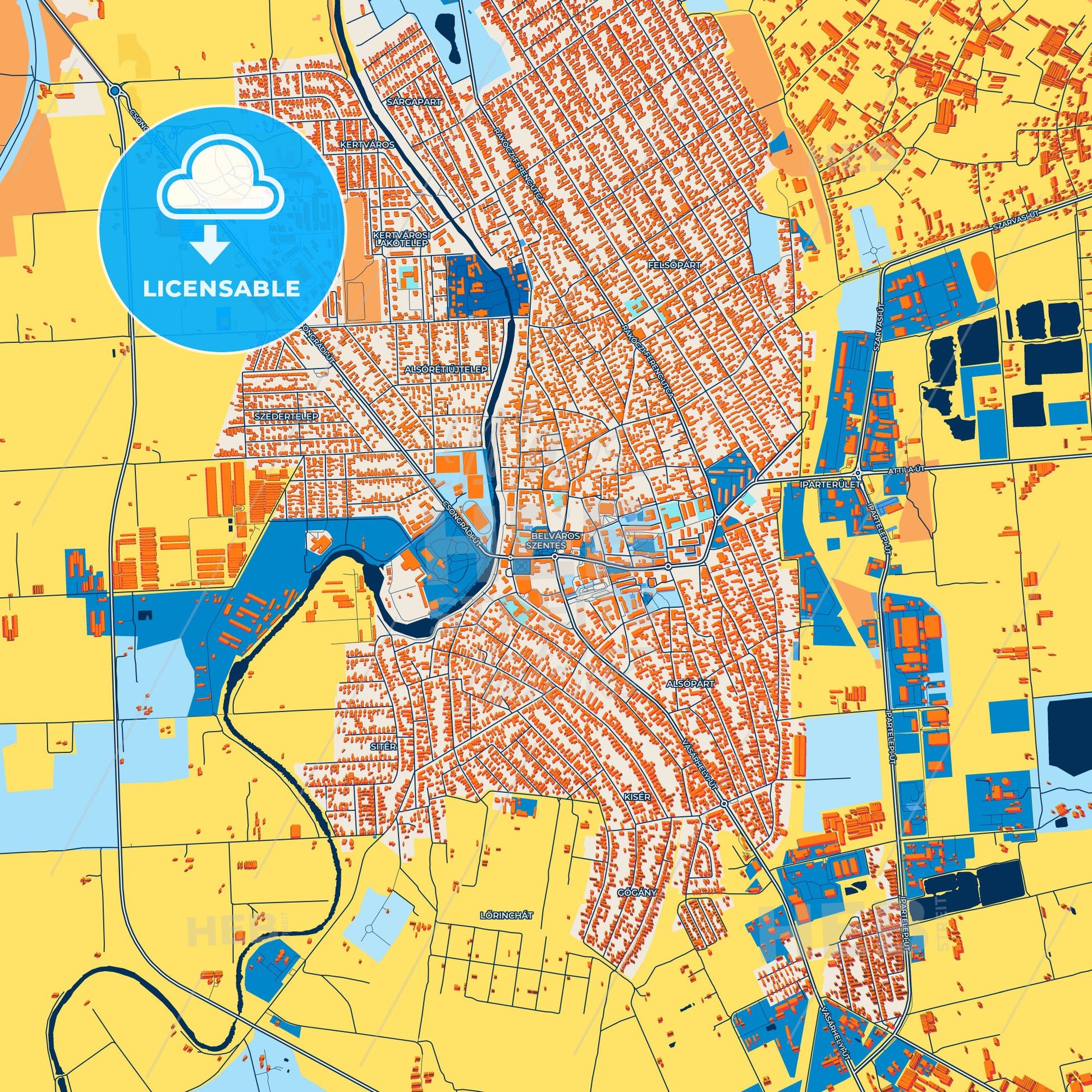 Colorful Szentes Street Map with Labels and Buildings