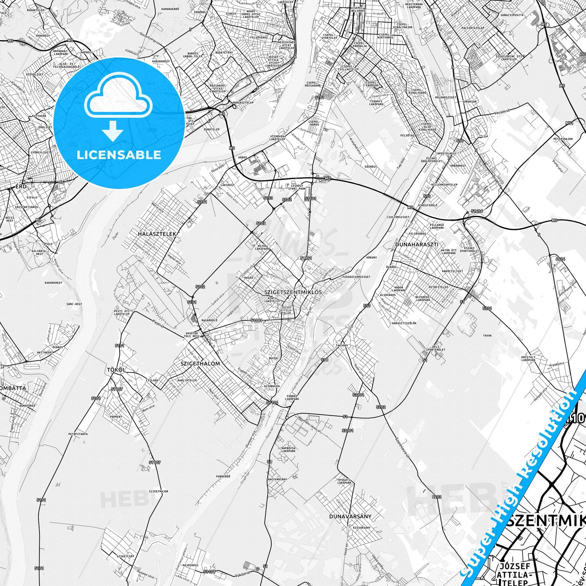 Szigetszentmiklós, Hungary light map with streetnames, citynames and districts