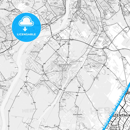Szigetszentmiklós, Hungary light map with streetnames, citynames and districts