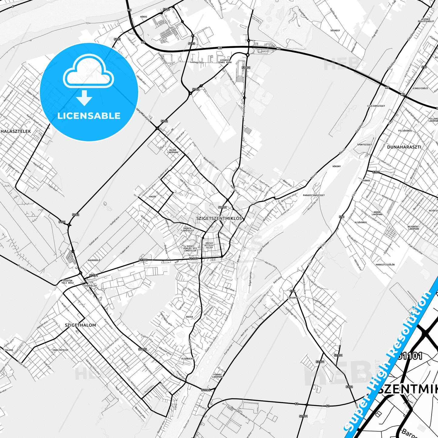 Szigetszentmiklós, Hungary Light Map with Street Names, City Names, and Districts