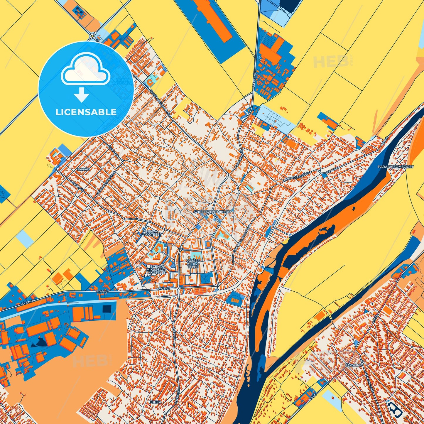 Colorful Szigetszentmiklós Street Map with Labels and Buildings